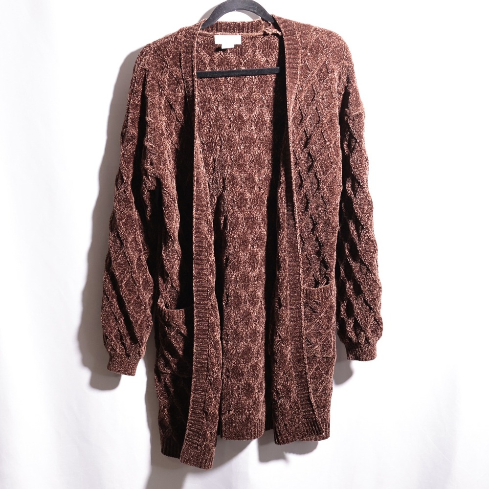 Cynthia Rowley Brown Chenille Cable Knit Open Front Long Cardigan Sweater M